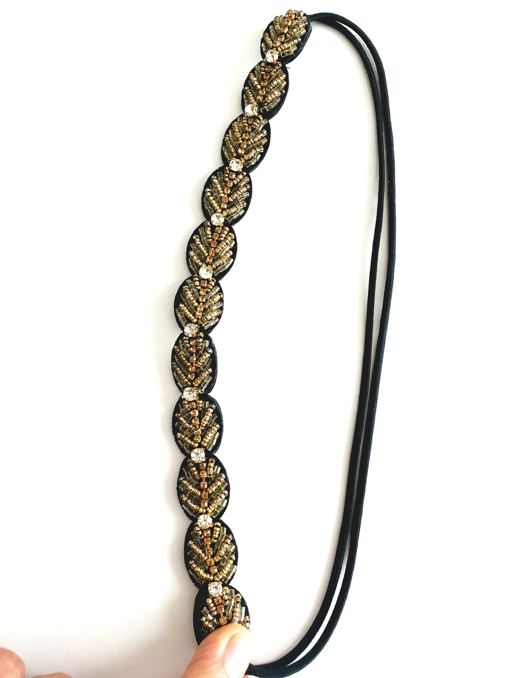 Gold Beaded Black Elastic Headband